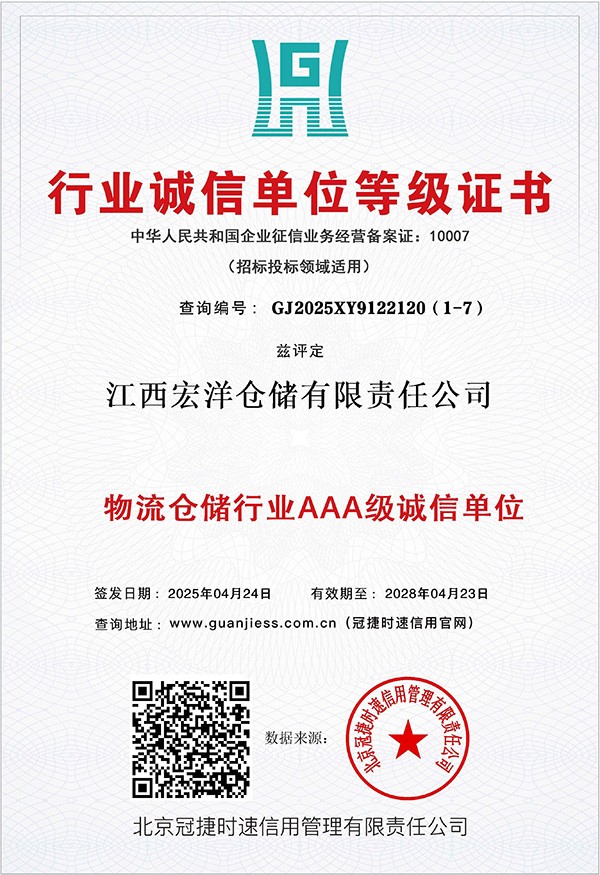 物流仓储行业AAA级诚信单位等级证书